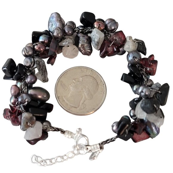 Sterling Silver Peacock Baroque Pearl Garnet Quart Cluster Bracelet, 7.5" L E541 - Picture 3 of 4